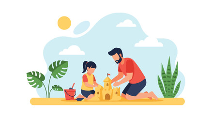 Adobe illustrator artwork vector illustration. Father and daughter building a sandcastle, a delightful scene of summer fun, creative play, and family bonding