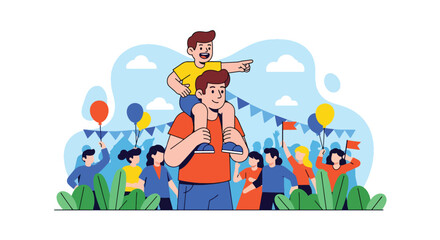 Adobe illustrator artwork vector illustration. Diverse crowd with a father carrying his child on shoulders, symbolizing community, joy, and family togetherness.