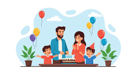 Adobe illustrator artwork vector illustration. Happy family celebrating a birthday with cake and balloons, a cheerful moment of joy and togetherness