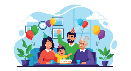 Adobe illustrator artwork vector illustration. Happy family celebrating a birthday with cake and balloons, a cheerful moment of joy and togetherness
