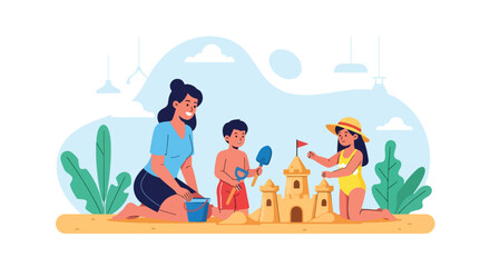Adobe illustrator artwork vector illustration. Mother and children building a sandcastle on the beach, a joyful scene of summer fun and family playtime