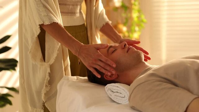 Reiki master healing patient's aura during therapy indoors, closeup