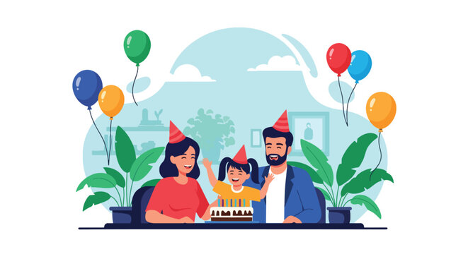 Adobe illustrator artwork vector illustration. Happy family celebrating a birthday with cake and balloons, a cheerful moment of joy and togetherness