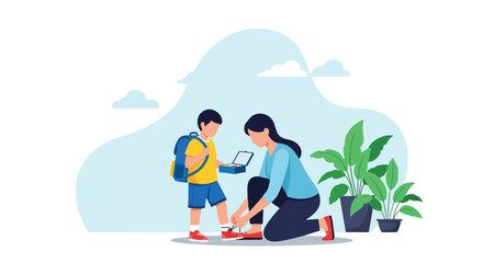 Adobe illustrator artwork vector illustration. Mother tying her son's shoelaces before school, a tender moment of care and preparation for the day ahead