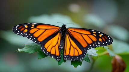 Fototapeta premium Brilliant orange and black winged insect rests with wings fully spread upon a green leaf
