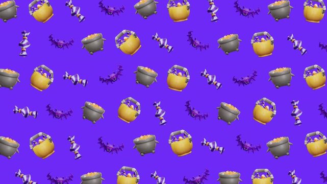 Halloween pattern candy cauldron spooky bats festive sweets seamless background suitable for party invitations, digital backgrounds, holiday decorations, and textile designs