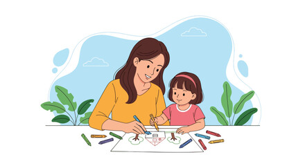Adobe illustrator artwork vector illustration. Mother and daughter happily drawing together, fostering creativity and bonding. Ideal for family, education, and childhood themes