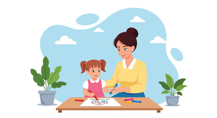 Adobe illustrator artwork vector illustration. Mother and daughter happily drawing together, fostering creativity and bonding. Ideal for family, education, and childhood themes