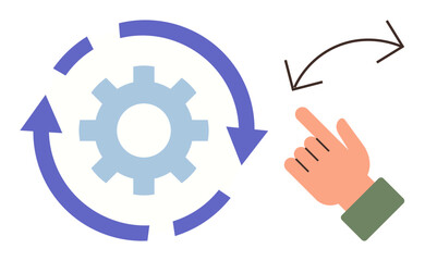 Gear surrounded by circular arrows and hand gesture symbolizing process automation, workflow management, rotation, and optimization. Ideal for business, technology, improvement, decision-making