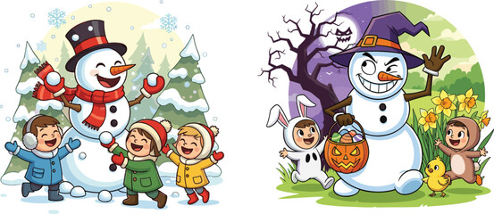 Snowman with children, winter scene, Halloween costumes, festive illustration, seasonal contrast, trick-or-treat, spring daffodils, moonlight, joyful celebration, playful mashup