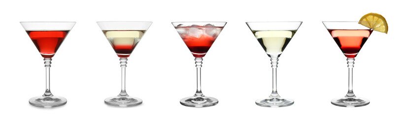 Different cocktails in martini glasses isolated on white, set