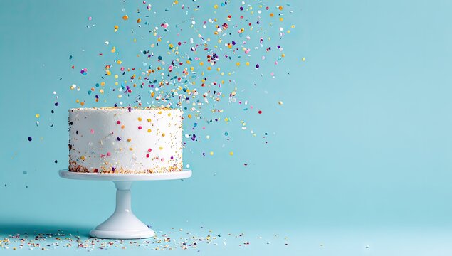 White cake with colorful confetti sprinkles on a stand.