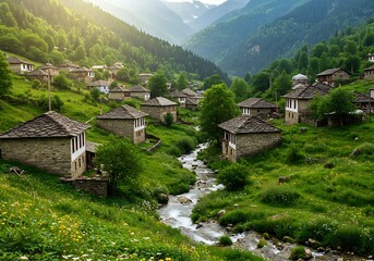 Traditional Stone Village Nestled in a Lush Green Mountain Valley.