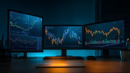 Multiple computer displays show complex financial data charts in a dim office setting