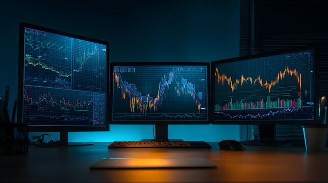 Multiple computer displays show complex financial data charts in a dim office setting - Powered by Adobe