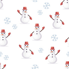 Seamless Christmas pattern with snowmen in hats and snowflakes perfect for festive wrapping paper cards textiles and winter decoration