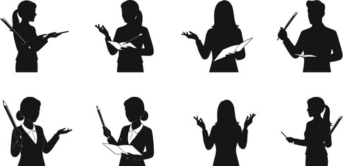 Teacher silhouette vector illustration, education professional holding book and pen, instructor teaching clipart, black outline design, academic lecturer character artwork