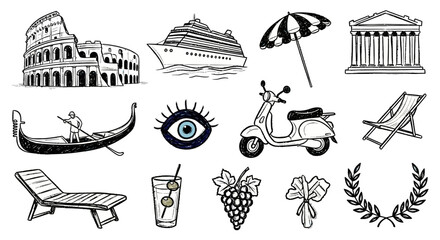 A collection of hand-drawn sketch icons representing travel and vacation symbols from Italy and Greece © Avra