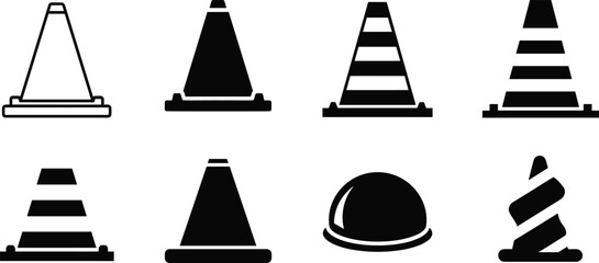 Traffic cone icon set, flat and solid design, road safety symbol, construction warning vector illustration, caution and protection sign collection