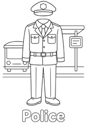 coloring book transport police uniform near bus stop