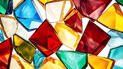 Colorful stained glass gems in red, blue, yellow, green. Vibrant, luminous, and decorative. Perfect for luxury, art, or festive holiday design backgrounds.

