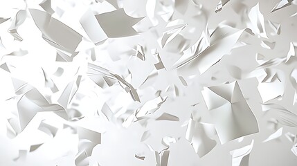 Dense abstract cloud of white paper shards floating chaotically. Textured, sculptural, and minimalist. Great for art, design, or conceptual backgrounds.

