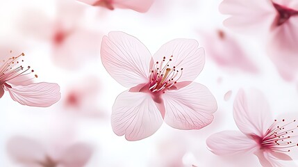 Delicate pink cherry blossoms in soft focus with visible stamens. Ethereal, romantic, and spring-like. Perfect for seasonal, beauty, or tranquil lifestyle visuals.

