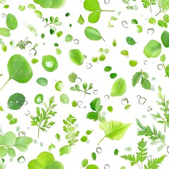 Delicate green herbs, leaves, and droplets floating on white. Fresh, organic, and natural. Ideal for wellness, herbal, food, or eco-friendly branding.

