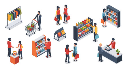 Isometric Illustration of People Shopping in a Grocery Store