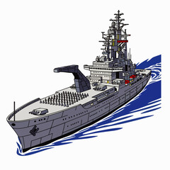 An illustrated depiction of a large naval warship sailing on the ocean, featuring a detailed design and a clean white background. © Indhgraphy Visual