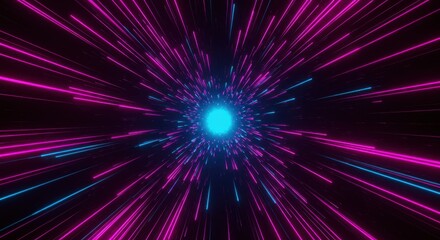 Brilliant cyan and magenta light trails streak outward from a central bright source in deep space.