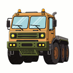 A detailed illustration showcases a rugged, cartoon-style military truck, perfect for transportation and heavy-duty tasks on various terrains. © Indhgraphy Visual