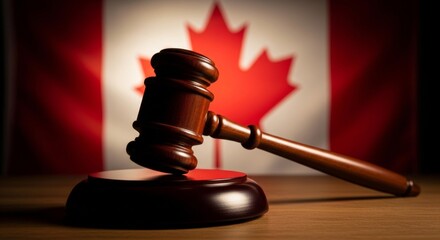 Judge's gavel in focus with canadian flag in background