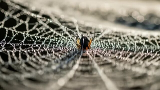 Close-up of a spider in its web covered in water droplets with shallow depth of field