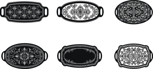 Vintage ornate oval serving tray silhouette collection, decorative antique platter vector set, elegant floral metal tray design illustration