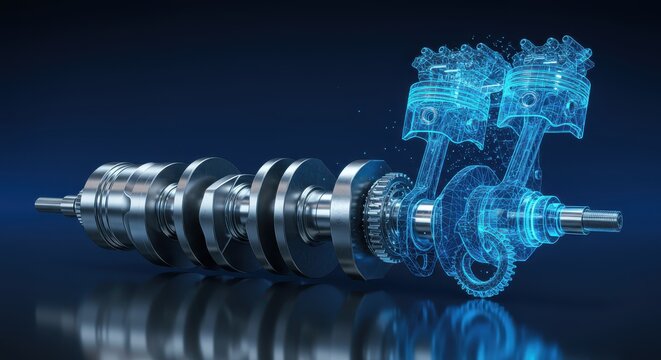 Internal combustion engine crankshaft and piston assembly visualized with holographic wireframe technology