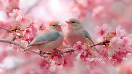 Two small songbirds perch closely among vibrant pink blossoms on a blooming tree branch