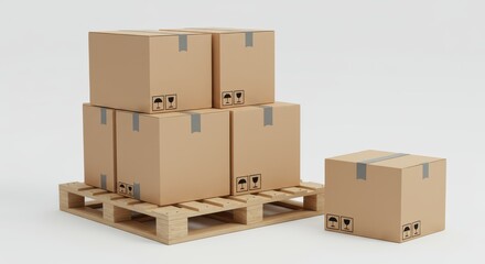 Stack of cardboard shipping containers rests upon a wooden shipping platform beside another isolated container