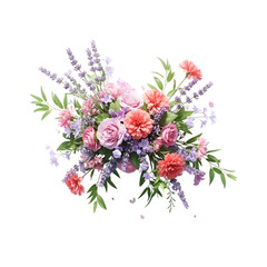 Beautiful Arrangement of Pink Roses and Coral Dahlias with Lavender Sprigs.