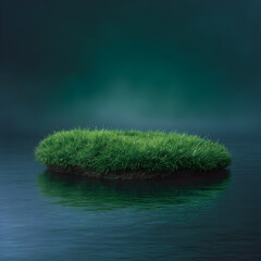 Fototapeta premium Small Patch of Green Grass on Water, Creating an Isolated Island Oasis in the Sea