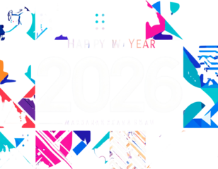 Happy New Year 2026 Vector Greeting with Bold Geometric Shapes and Neon Colors, Minimalist Layout 