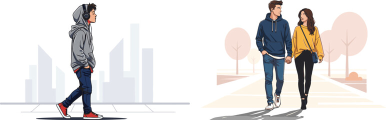 Flat vector illustration showing young people walking in city and park