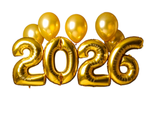 Golden 2026 Balloons in Mid-Air with Confetti Explosion, New Year Celebration on Black Background 