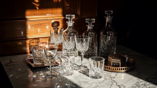 Elegant array of glassware, decanters on a marble surface with natural lighting and wooden background
