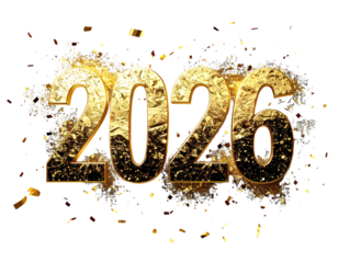  Luxury 2026 New Year’s Eve Invitation with Gold Foil Script and Confetti Accents, Portrait Layout, Transparent Background 