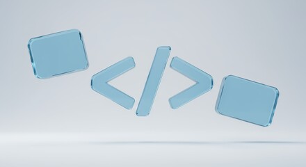Transparent blue glass code symbols float above a light surface in a minimalist setting