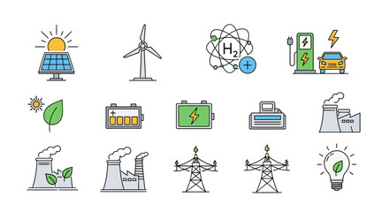 Renewable Energy Sources and Sustainable Power Generation Icon Set for Eco-Friendly Designs