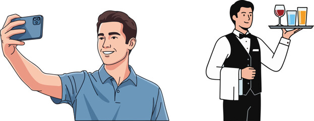 Flat Vector Illustration of Man Taking Selfie and Waiter Serving Drinks