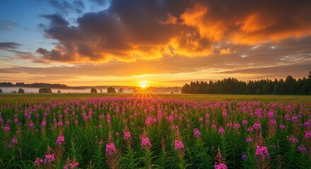 Obraz premium Stunning sunset over vibrant pink wildflower field under dramatic sky