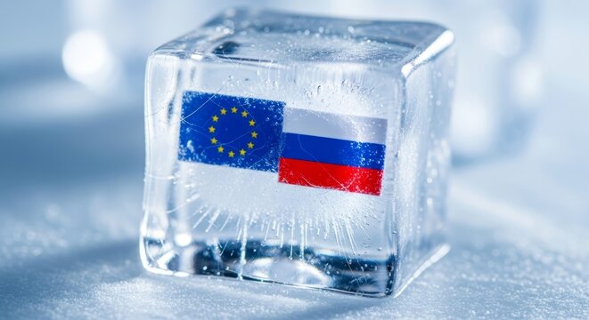 Eu and russian flags encased in ice cube symbolizing tension and cold relations